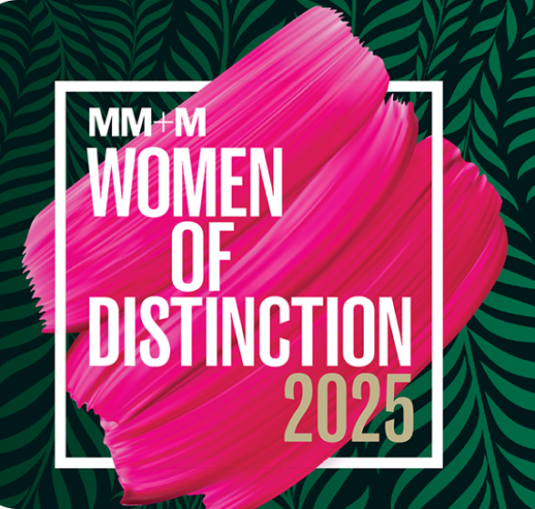 a stylized green leaf background with the text MM+M Women of Distinction 2025 on top in white lettering.
